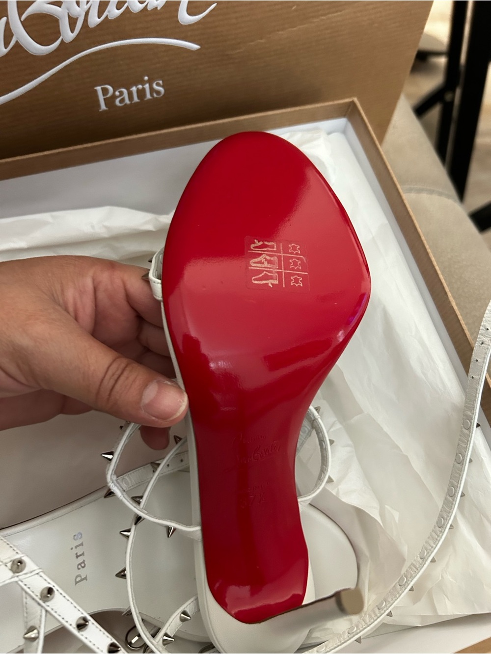 Louis Vuitton White Spike-Embellished Strappy Sandals with Red Sole